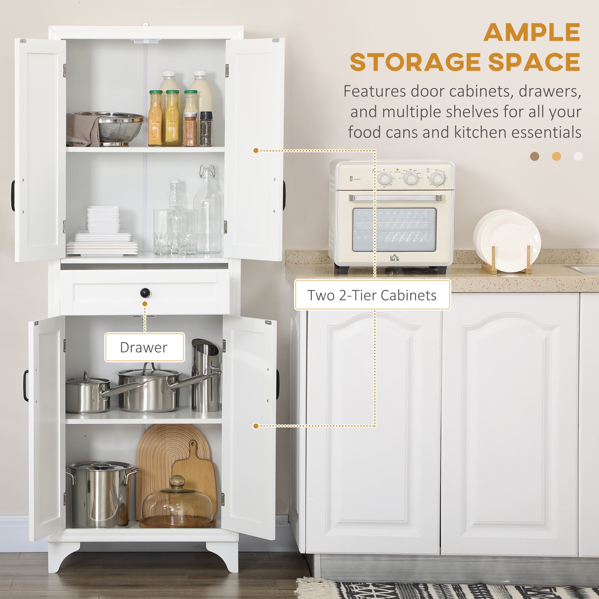 HOMCOM 67" Freestanding Kitchen Pantry Storage Cabinet with Doors and Shelf Adjustability, Kitchen Shelving Furniture for Small Spaces, White