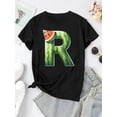 thumbnail image 2 of 1pc Watermelon Stripe Letter R Print T-Shirt, Women'S Fashion Casual Crew Neck Short Sleeve Tee, Polyester Knit Fabric, Medium Stretch, Geometric Pattern, All-Season Comfort Fit, 2 of 6