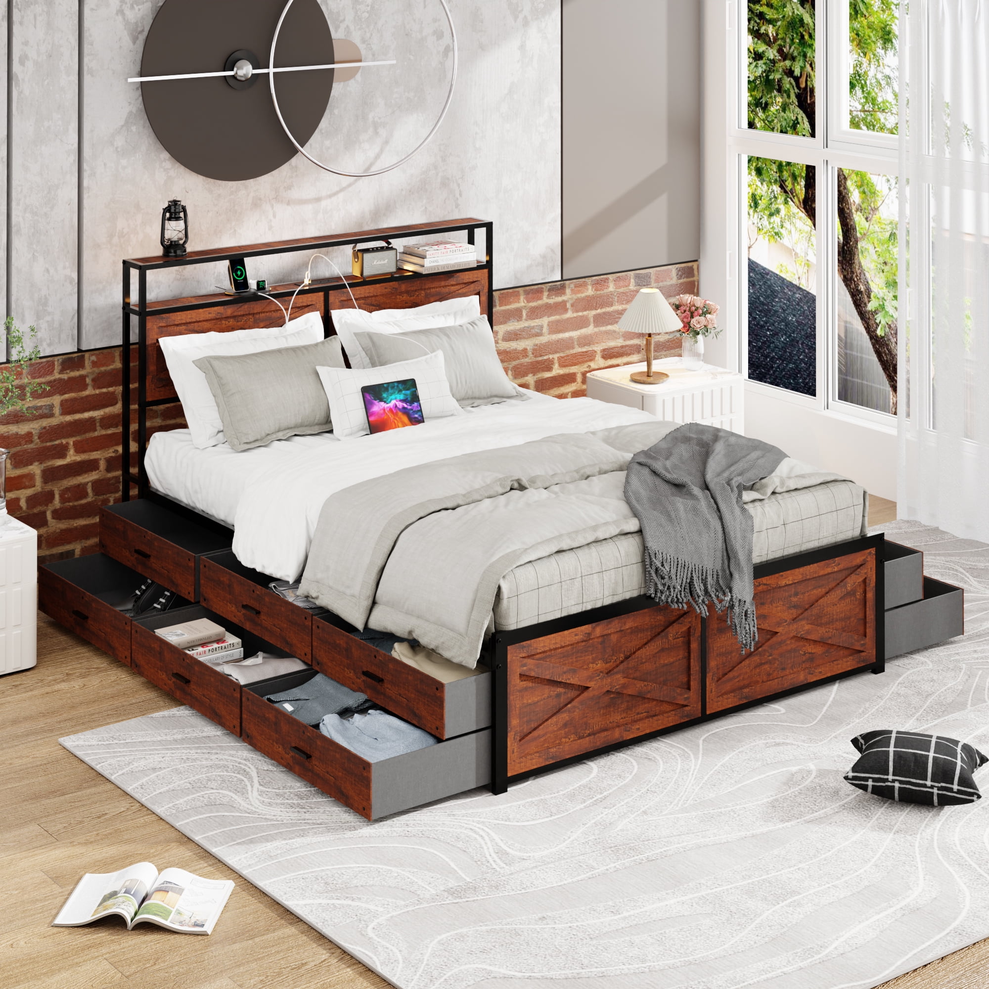 Gewnee Queen Size Bed Frame with Bookcase Headboard, Metal Support, No Box Spring Needed, RGB LED, 12 Drawers, Brown