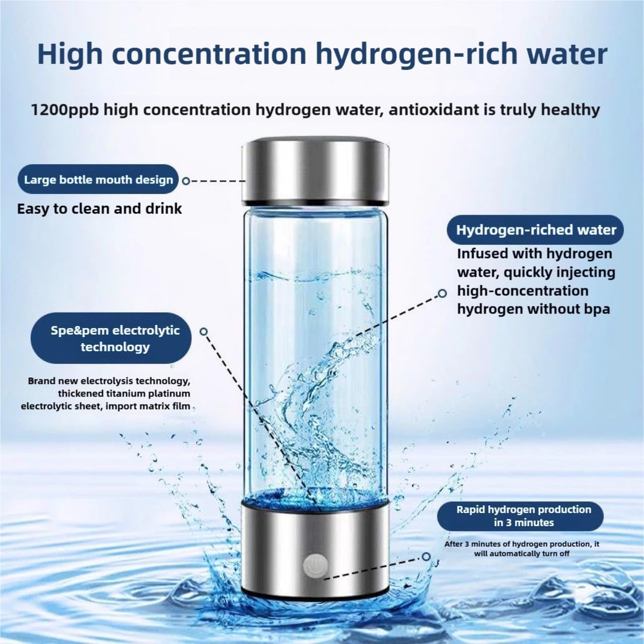 Hydrogen Water Bottle Portable Healthy Hydration BPA Free Hydroh