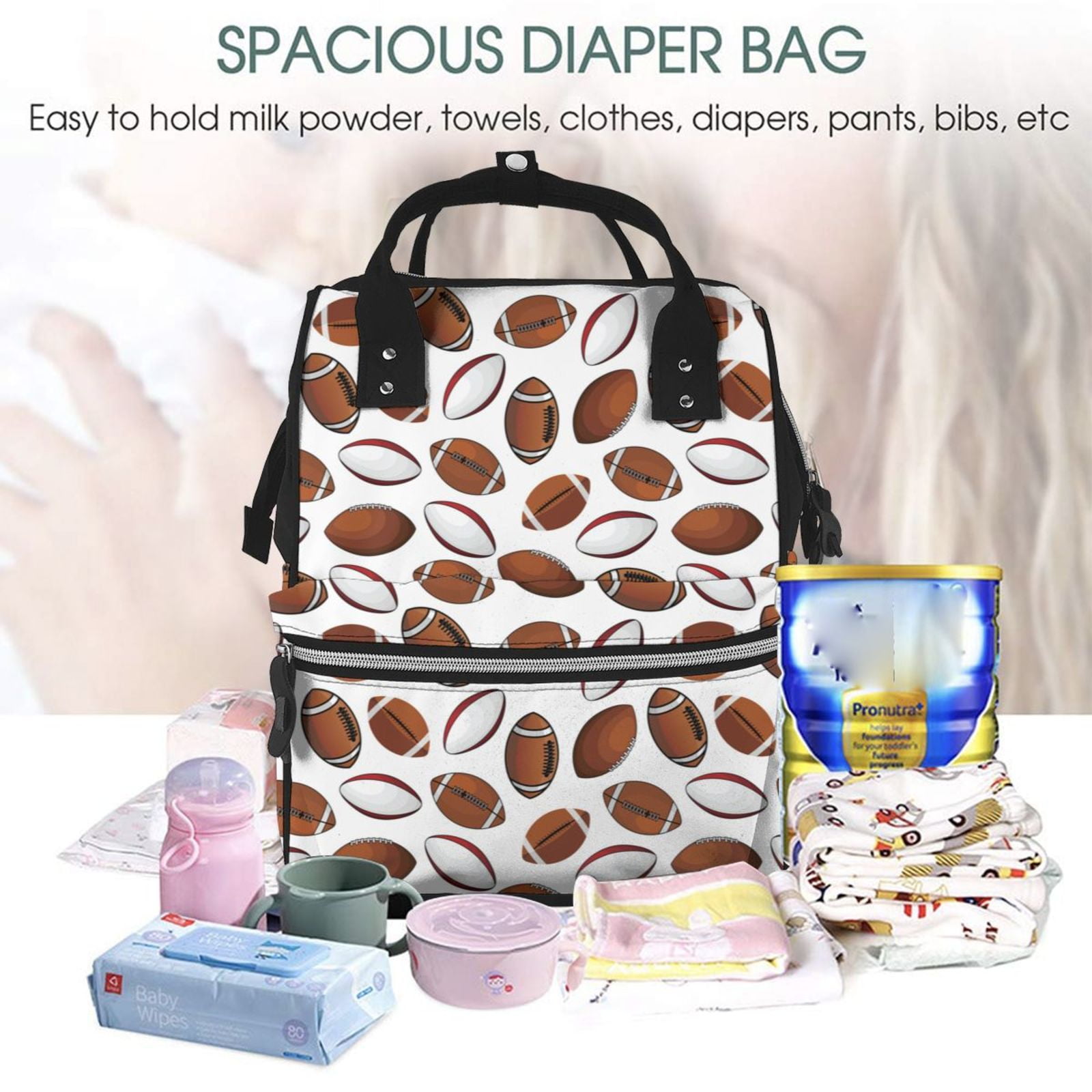 Ratiio Football Mummy Backpack - Waterproof Twill Canvas, Large Capacity Diaper Bag with Multiple Pockets and Adjustable Straps