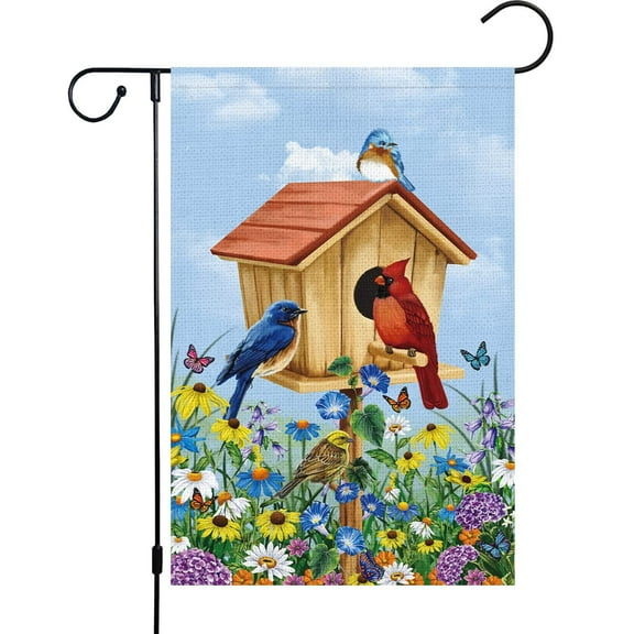 VOCHIC Welcome Spring Bird Garden Flag 12x18 Double Sided Vertical, Floral Cardinal Birdhouse Garden Yard House Flags Outdoor House Spring Summer Decoration (ONLY FLAG)