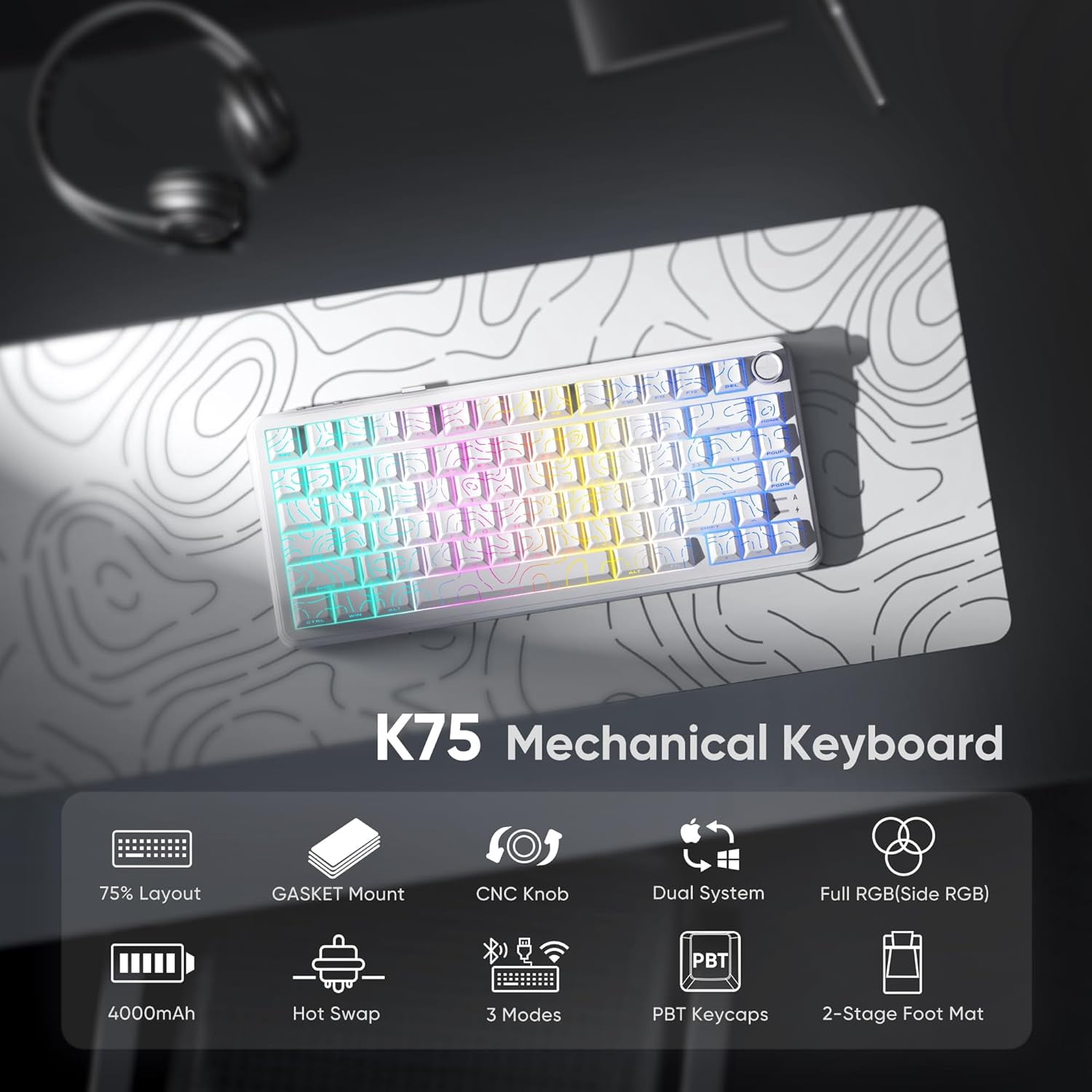 Hot Swappable 75% Wireless Mechanical Gaming Keyboard with Knob, RGB Backlit, Linear Switches, Side Engraved PBT Keycaps, Wireless/Wired/BT 5.0, Gradient Gray
