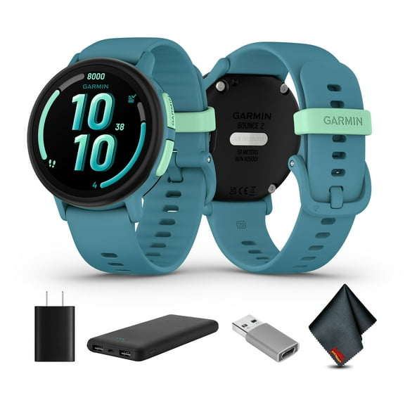 Garmin Bounce 2, Kids Smartwatch with Calling, Messaging and Location Tracking Features, Turquoise Bundle With USB Wall Charger   More