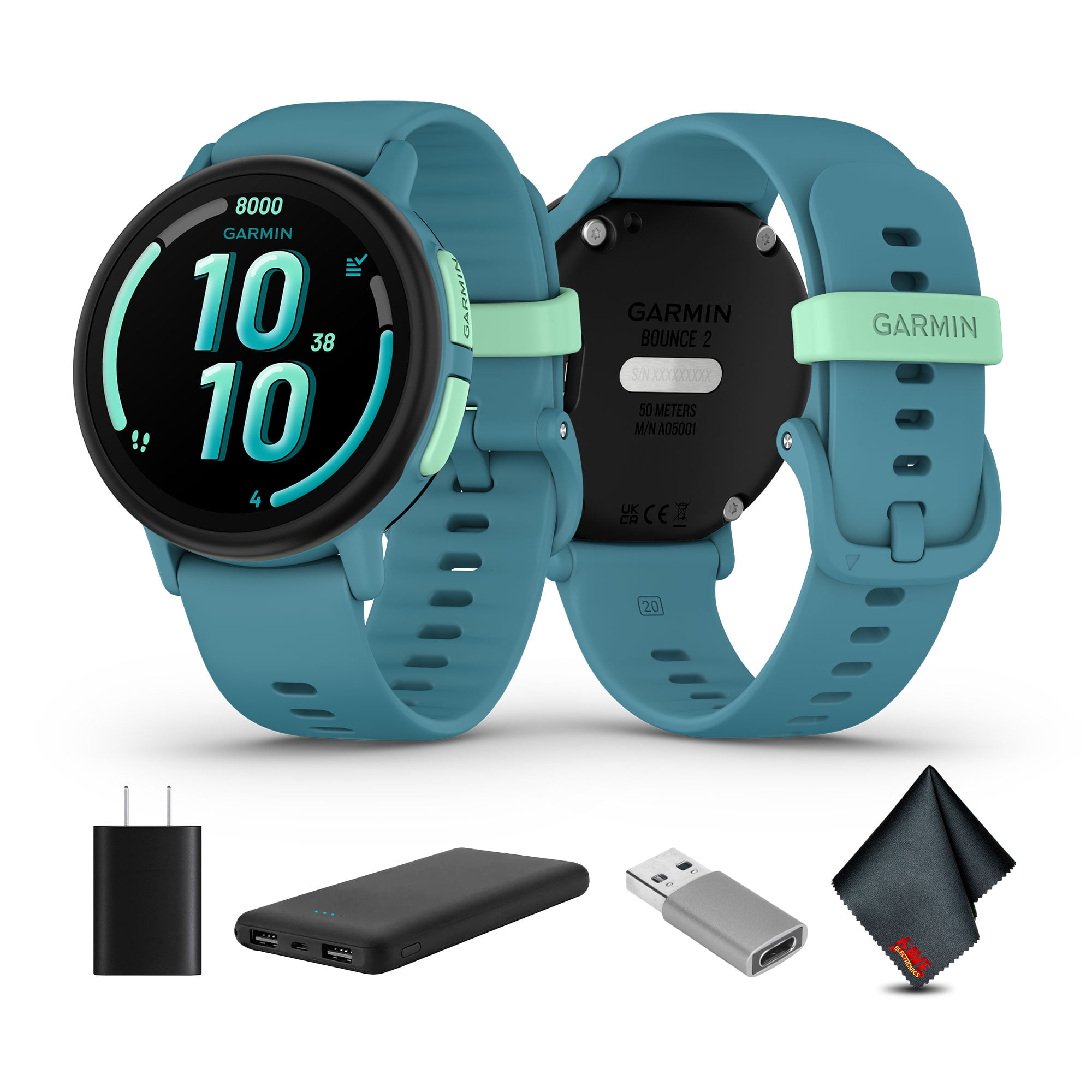 Garmin Bounce 2, Kids Smartwatch with Calling, Messaging and Location Tracking Features, Turquoise Bundle With USB Wall Charger + More