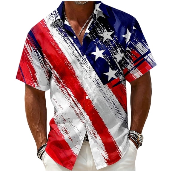 Erwazi Men’s Button Down Shirts Summer Short Sleeve Printed Collared 4th of July Mens Tops