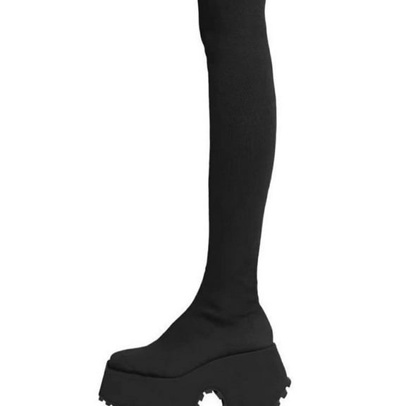 Xfvqtps Womens Knitted Stretch Boots Winter Fashion Plus Size Wide Width Chunky Flatform Boots Foldable Cuffable Comfortable Warm Black