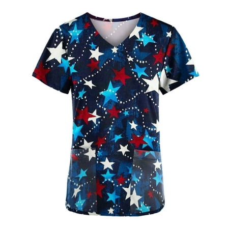 

JeashCHAT 4th of July Medical Scrub for Women Short Sleeve V-neck Stretch Anti-Wrinkle Casual Working Uniform T-Shirt Workwear Tops