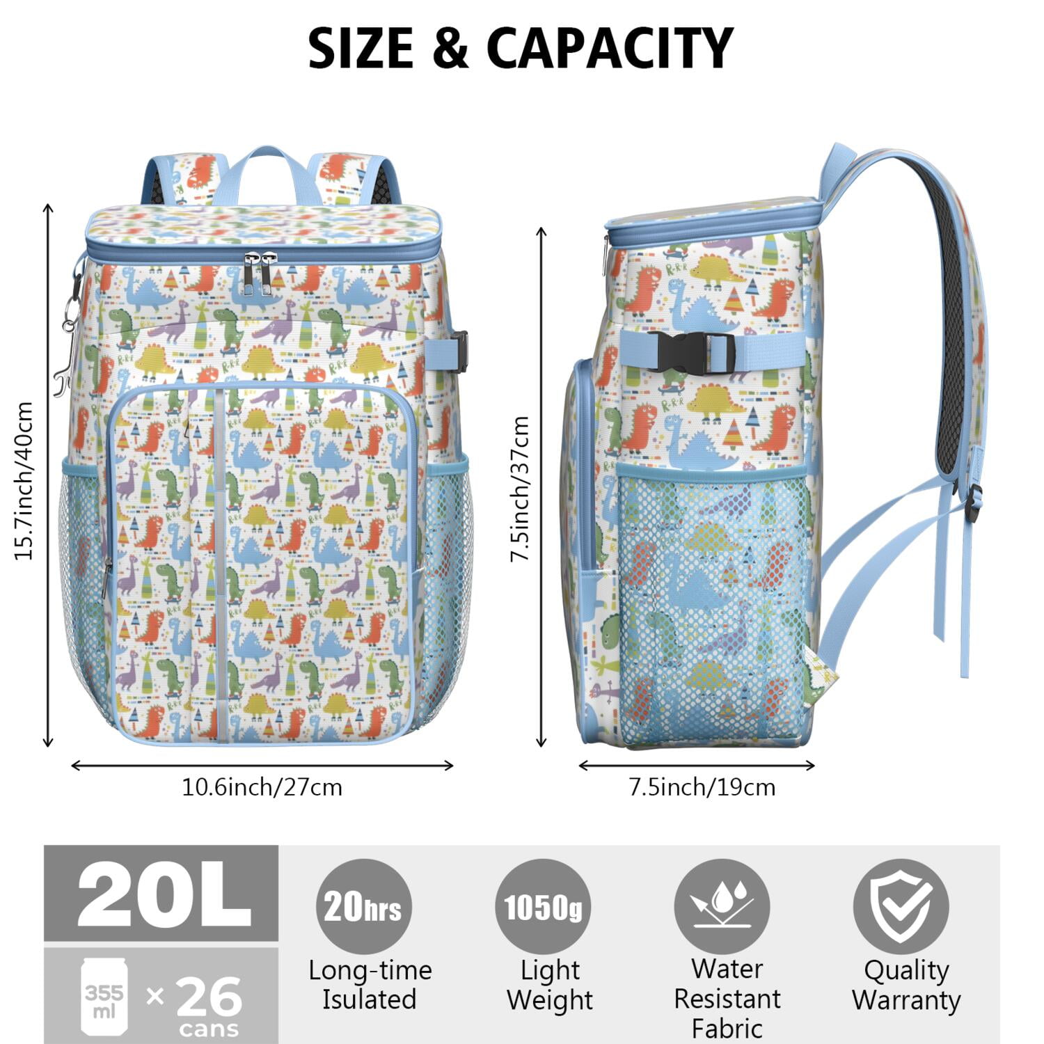 Travel Cooler Bag - Colorful Dinosaurs Skating Pattern Camping Beer Cooler Backpack with Bottle Opener- Waterproof Insulated Picnic Backpacks - Cooler Bag for Beach