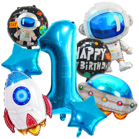 Large Astronaut First PriNst Balloons Set, Blue Number 1 Space Birthday Airship Planet Rocket Galaxy Foil Balloons for Outer Space Themed 1st Party Decorations 8 Pcs