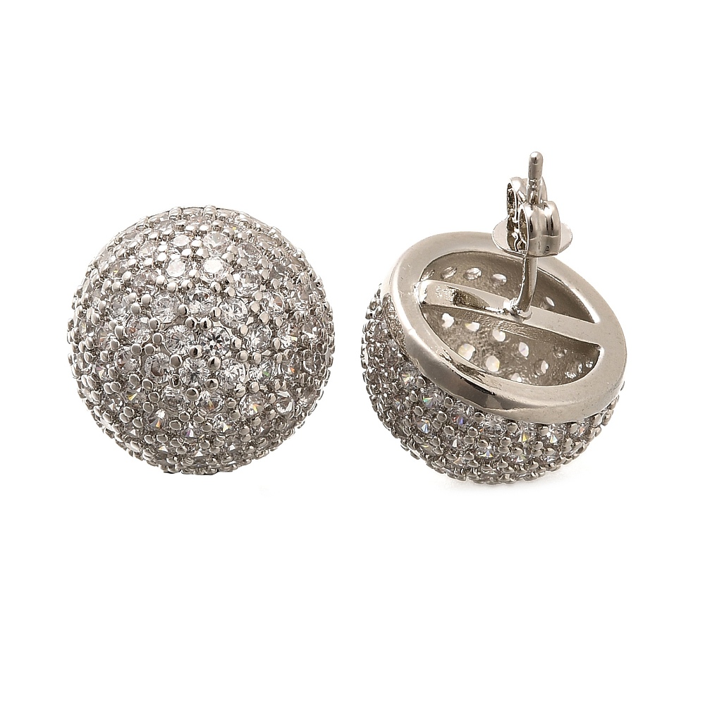 Half Round Brass Micro Pave Clear Cubic Zirconia Stud Earrings Rack Plating Long-Lasting Plated Cadmium Free & Lead Free Platinum 15.5mm