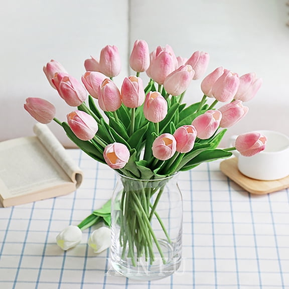 Goowood Faux Tulips Artificial Flowers 10pcs Real Touch Pink Latex Tulip Bouquet 13.8in PU Fake Flowers for Home Wedding Table Decoration