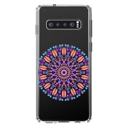 DistinctInk Clear Shockproof Hybrid Case for Samsung Galaxy S10 (6.1 Screen) - TPU Bumper Acrylic Back Tempered Glass Screen Protector - Modern Mandala - Blue Peach Purple