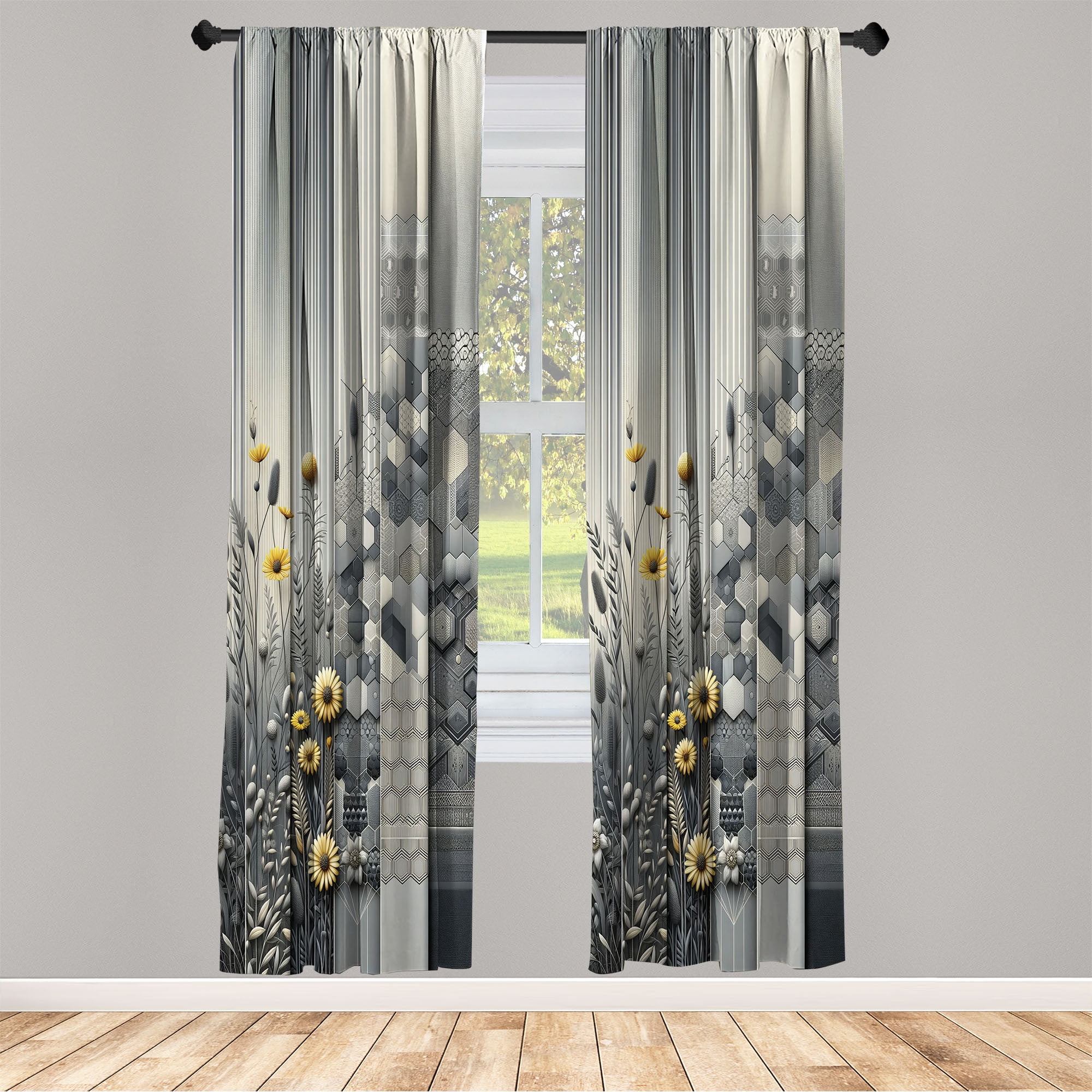 Ambesonne Grey Curtains 2 Panel Set, Geometric Flourishing Motif, Pair of - 28" x 63", Dimgray Yellow and Blue
