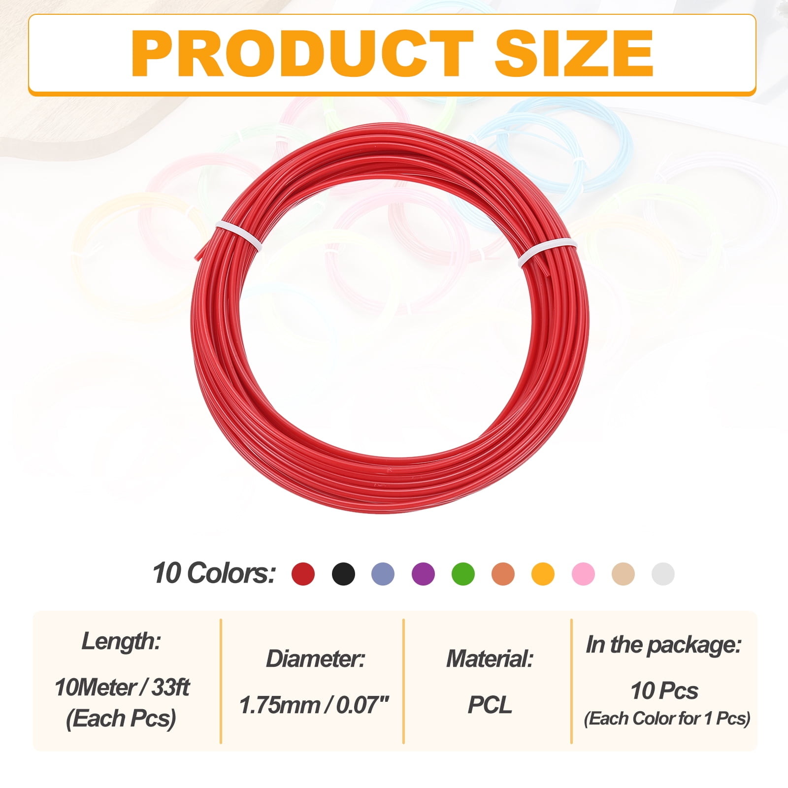 Uxcell 10 Colors 3D Pen Filament, 1.75mm Each 33FT, Total 330FT PCL Filament Refills Low Printing Temperature for 3D Drawing Pens