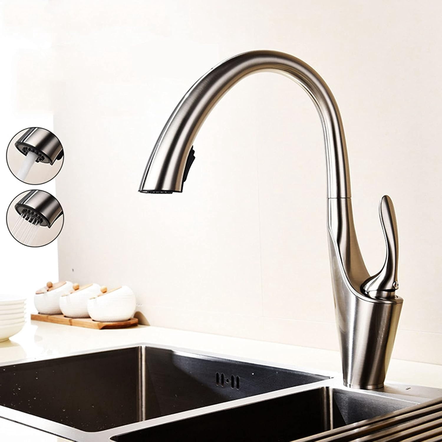Kitchen Sink Solid Brass Hidden Pull-Out Kitchen Faucet with Dual-Function Sprayer, Swivel Single Handle Hot and Cold Water Kitchen Mixer Tap,Black