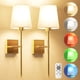 thumbnail image 1 of Juego de 2 apliques de pared con batería inalámbrica dorada con foco recargable de 5200 mAh y mando a distancia, RGB y regulable, luces de pared inalámbricas regulables para recámara, sala de, 1 of 8