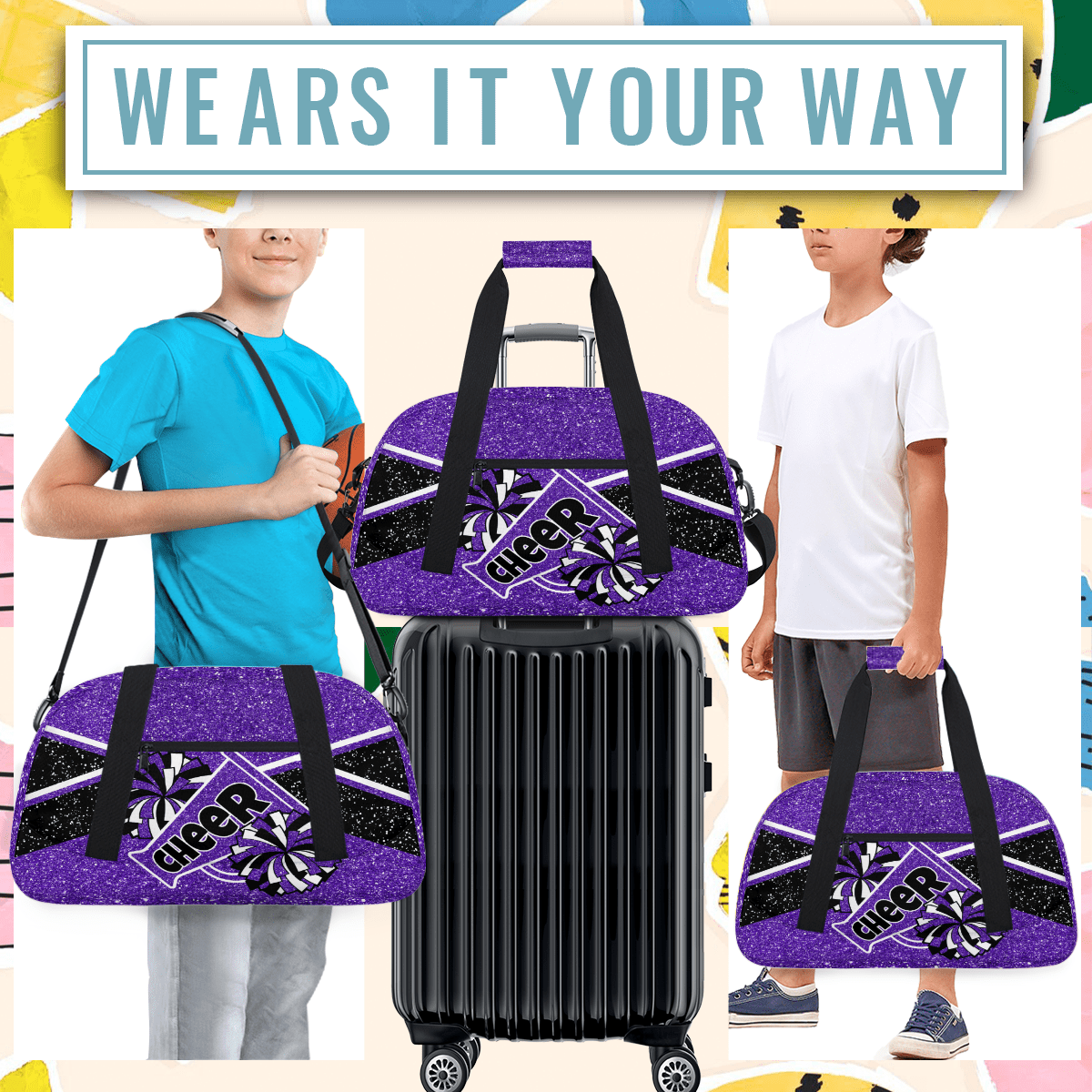 Herdesigns Cheer Bag Sports Duffle Bags Cheerleader Purple Gym Bag Weekender Travel Bag Waterproof Overnight Bag Carry On Travel Tote Bag Dance Bags