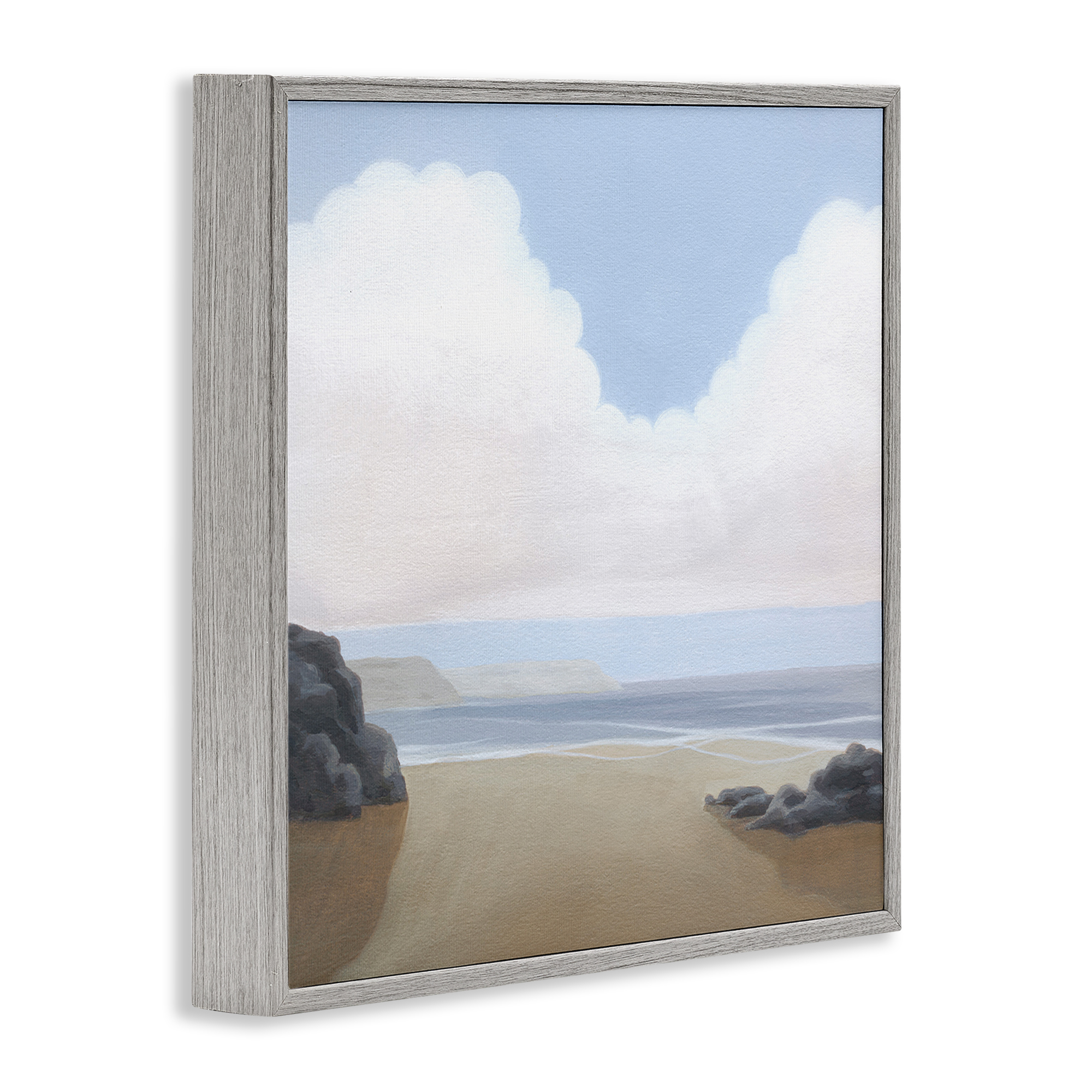 Stupell Industries Fluffy Clouds Over Beach Landscape Painting Gray Framed Art Print Wall Art, 12 x 12