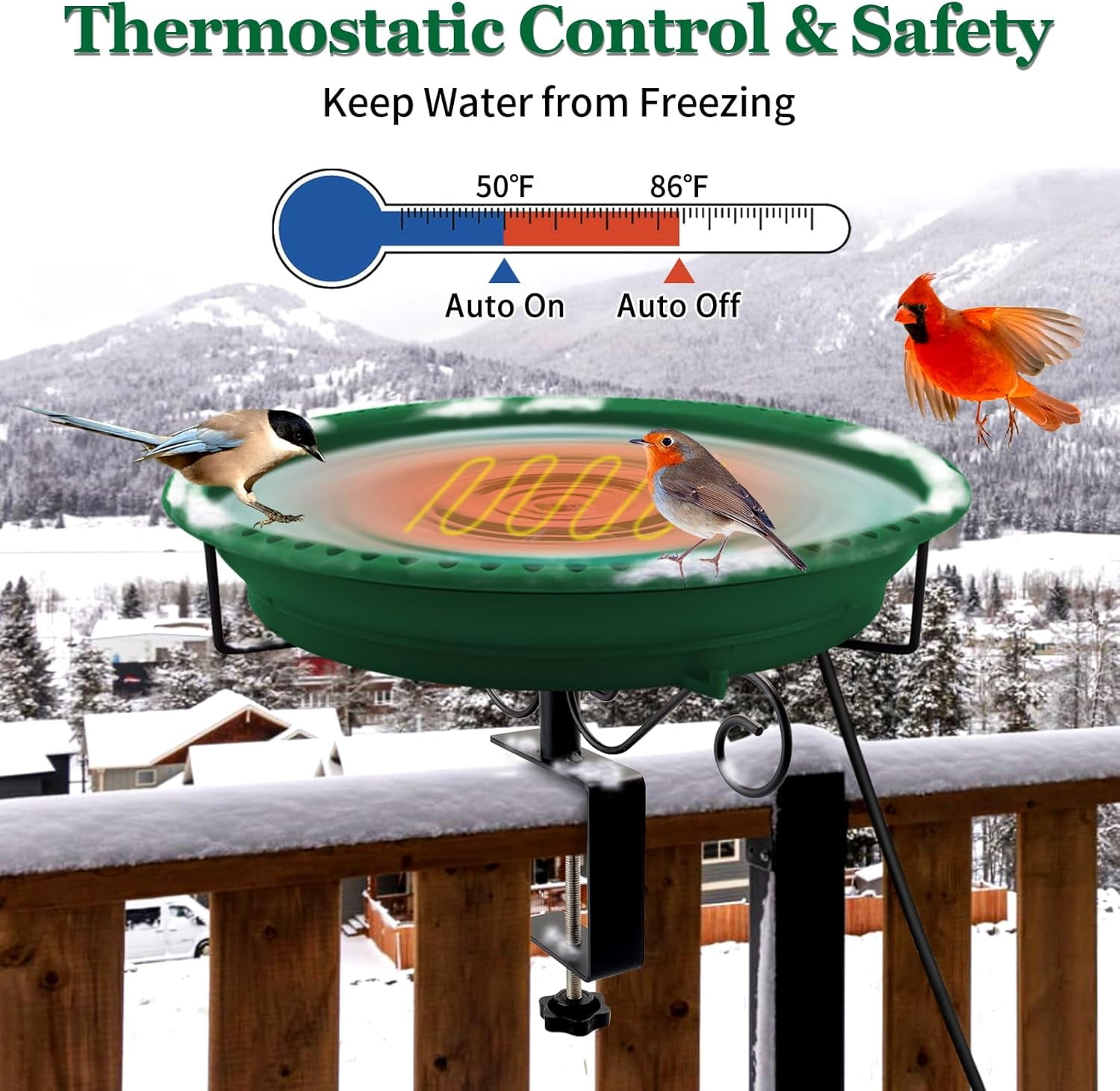 Heated Bird Bath for Deck Railing, 100W Thermostatically Controlled Heated Bird Baths for Outdoors Bird Bath Heater, Heated Birdbath for Outside Winter Garden Patio Yard(Green)