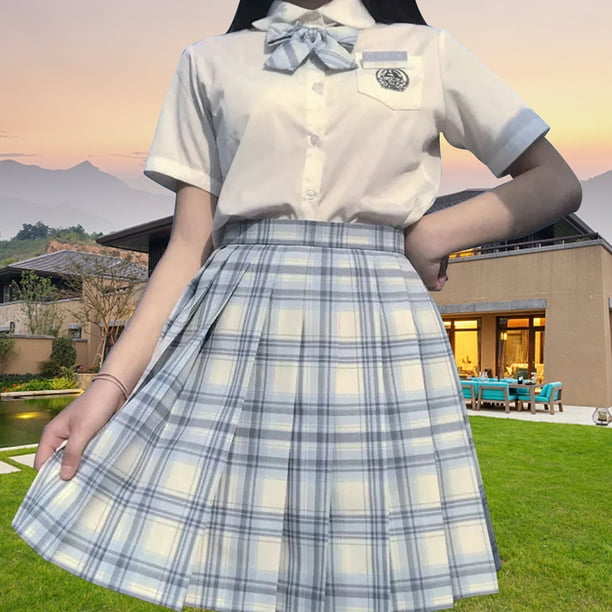 Pure White Preppy School Girl Uniform With Plaid Uniform Skirts