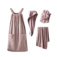 thumbnail image 2 of Mifsaly Womens 4 Piece Plush Bath Dress Set Absorbent Sleeveless Wrap Shower Robe with Pockets,Hair Towel Wrap, Dry Hair Cap & Bath Towel Pink,Free Size, 2 of 8