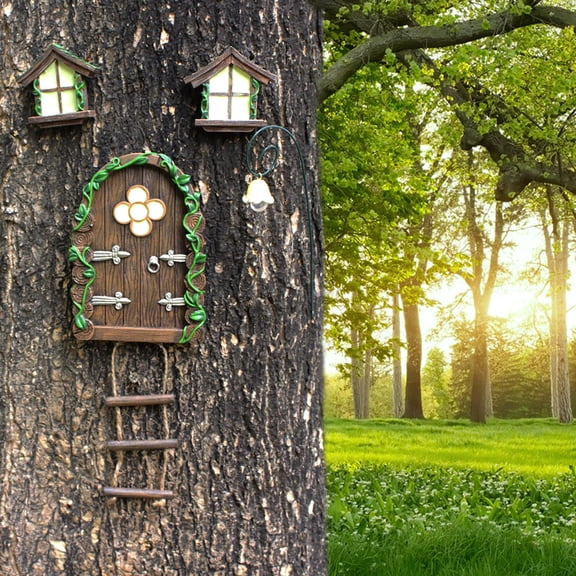 Opvise 1 Set Luminous Fairy House Figurine Tree Hanging Statue Window Door Street Lamp Fairy Resin Craft Decor Outdoor Ornament Brown