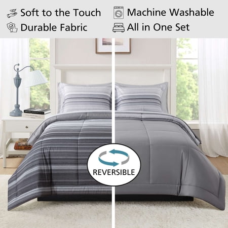 MAINSTAYS ALL IN ONE REVERSIBLE COMFORTER AND SHEET SET, 7-PIECE, FULL, GRAY STRIPE