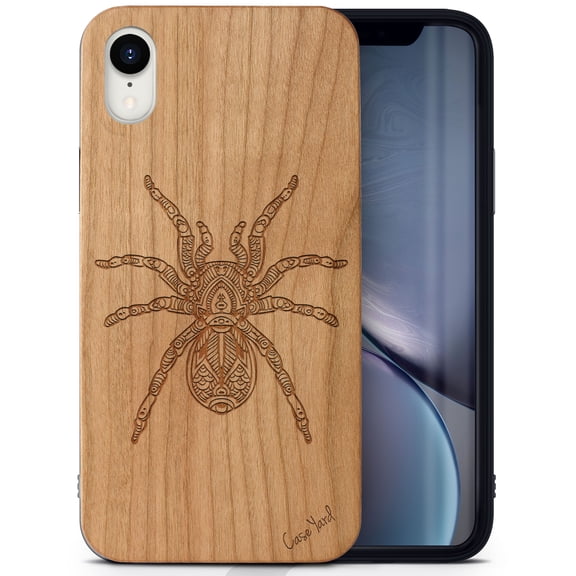 Case Yard Wooden Case Outside Soft TPU Silicone, Slim Fit Shockproof Wood Protective Phone Cover for Girls Boys Men and Women, Supports Wireless Charging Tarantula Design case for iPhone-XR