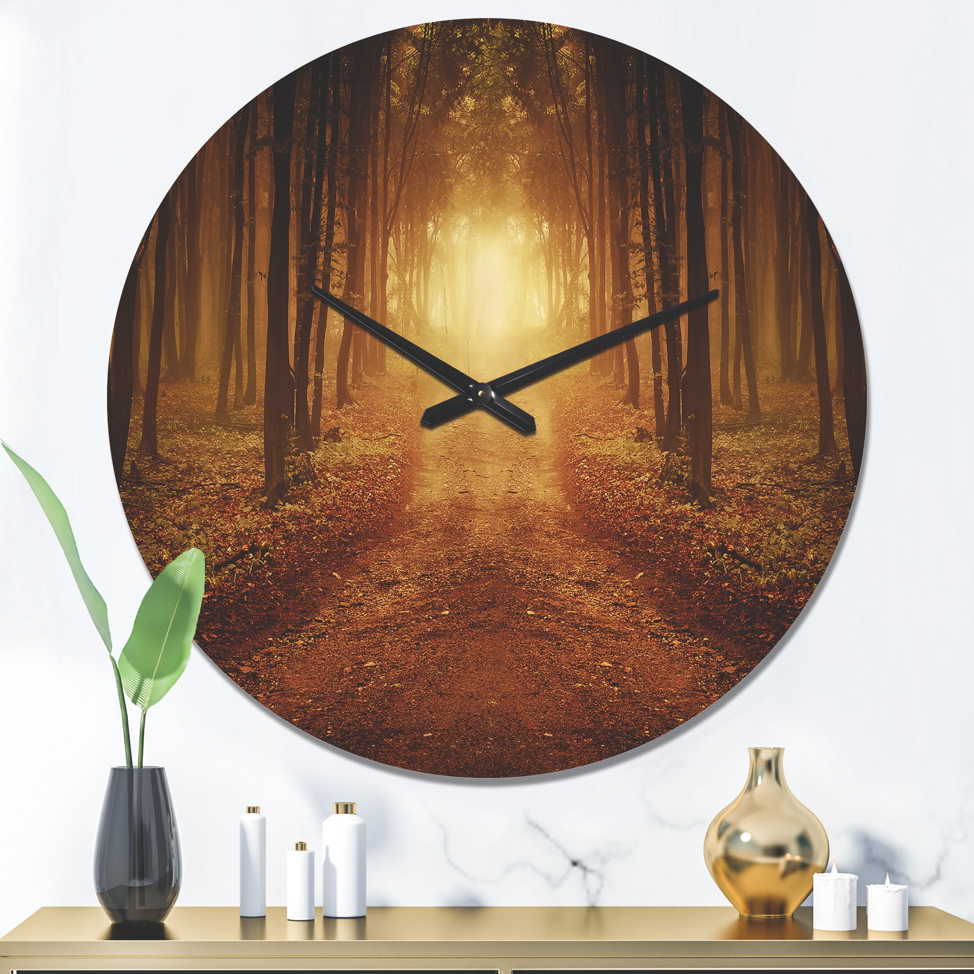 Designart 'Road in Symmetrical Forest During Sunset Light' Rustic Wood Wall Clock
