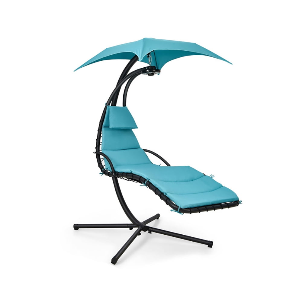 Aimee Lii Hanging Curved Steel Swing Chaise Lounger with Removable Canopy, Patio Loungers, Turquoise