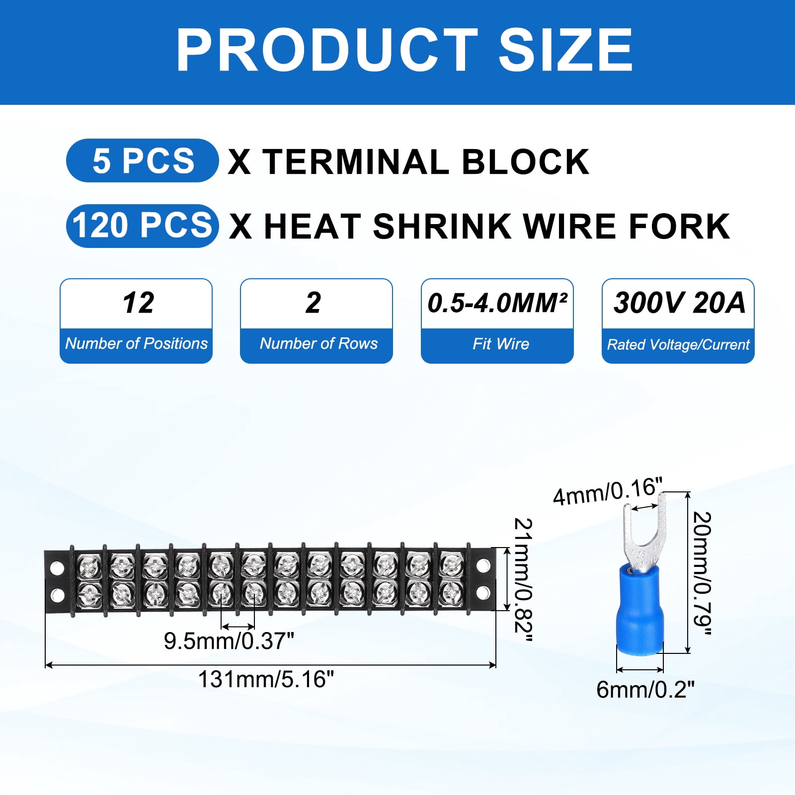 Uxcell 5Pcs Terminal Block 300V 20A Dual Rows 12P Terminals Barrier PA66 with 120Pcs 16A Heat Shrink Wire Fork Connector