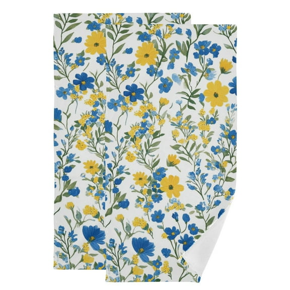 Blue and Yellow Florals Watercolor Hand Towel Absorbent Bath Towels for Bathroom Sports Gym 28" x 14" Set of 2