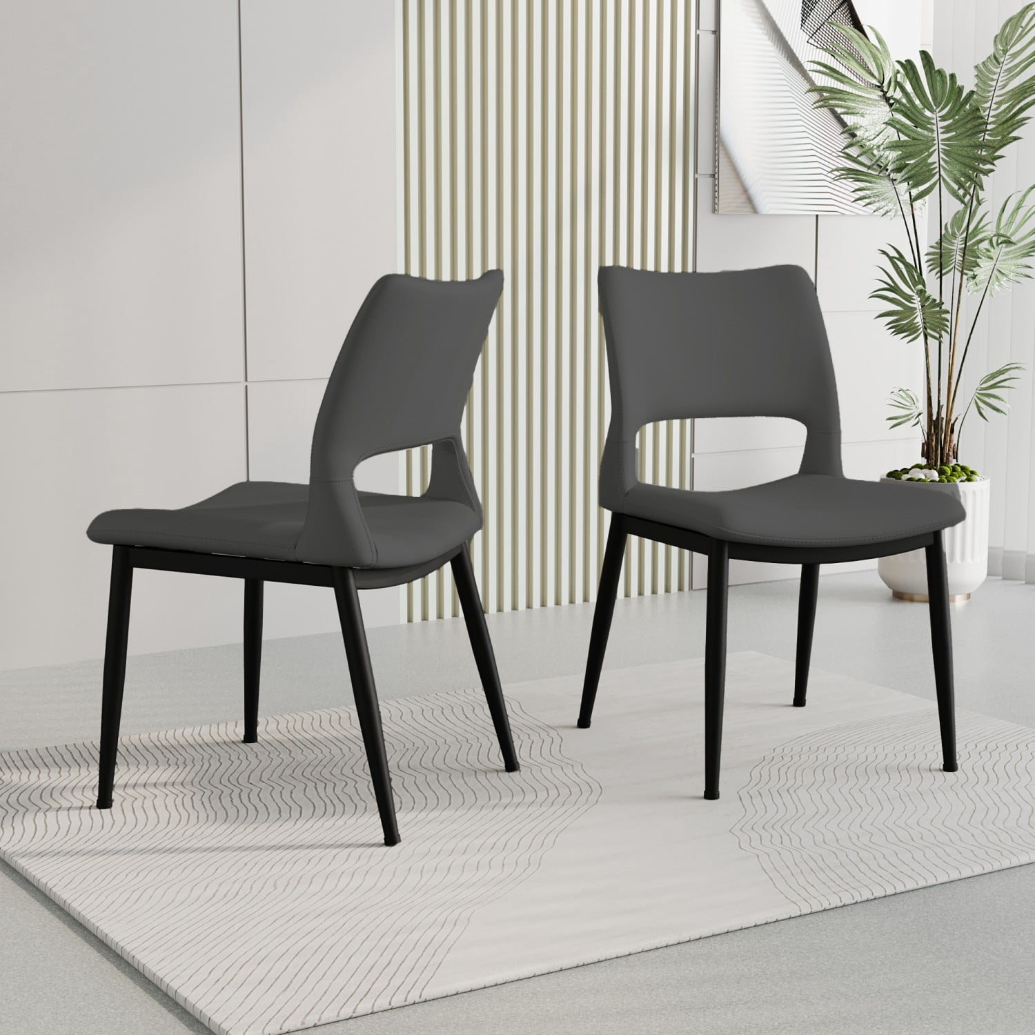 Modern Minimalist Grey PU Leather Dining Chairs Set of 2 Upholstered Kitchen Chairs with Metal Legs Ergonomic Backrest for Dining Room Restaurant Office