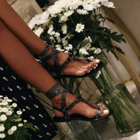 

Zpanxa Womens Sandals Casual Ankle Strap Set Toe Belt Buckle Snake Print Flat Low Heel Sandals Wedge Sandals for Women Black 38