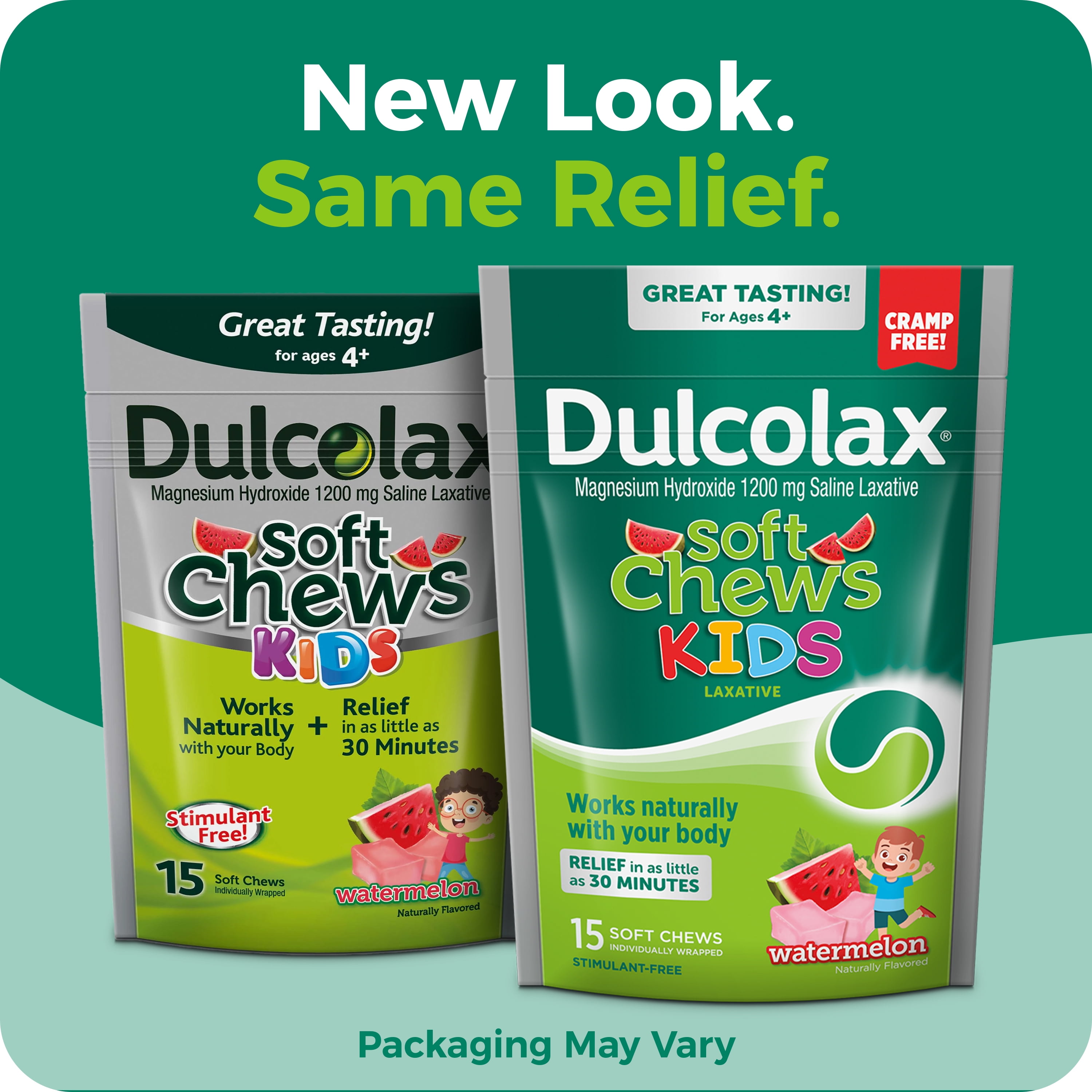 Dulcolax Kids Saline Laxative Soft Chews, Stimulant-Free Laxatives, Gentle Constipation Relief for Kids, Softens Stool, Watermelon Flavor, Magnesium Hydroxide 1200 mg, 15 Count