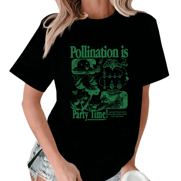 Black Print Tshirt Graphic Tees Shirts Green Pollination Party Time Tee For Nature Lovers S-5XL Tops