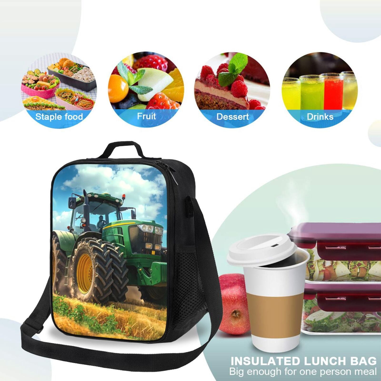 Ratiio Green Tractor Field Print Lunch Box - Reusable Lunch Bag Men Adult Women- Insulated LunchBox