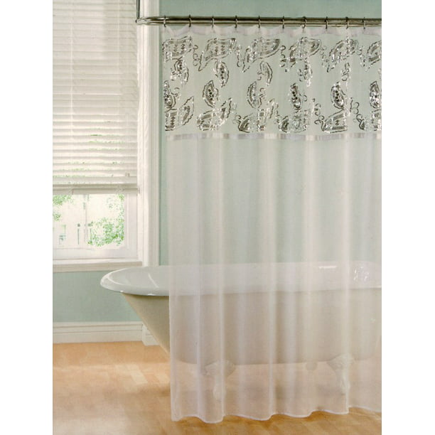 Lily Sheer Sequins Shower Curtain White, Shower Curtain With Sheer Window