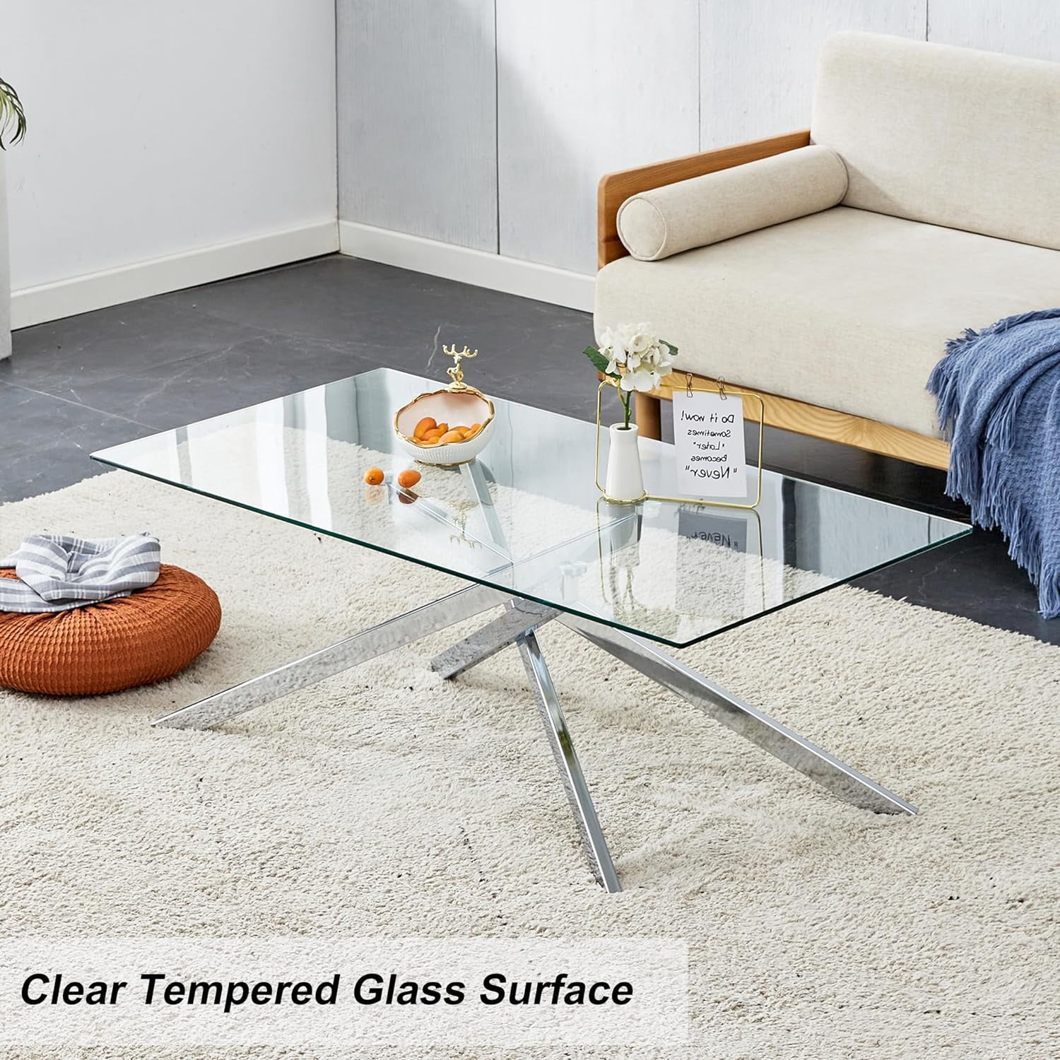 Glass Coffee Table, Holaki 39.4" Clear Rectangle Glass Coffee Table, Modern Coffee Table with Metal Legs, Center Table Sofa Table Home Furniture for Living Room