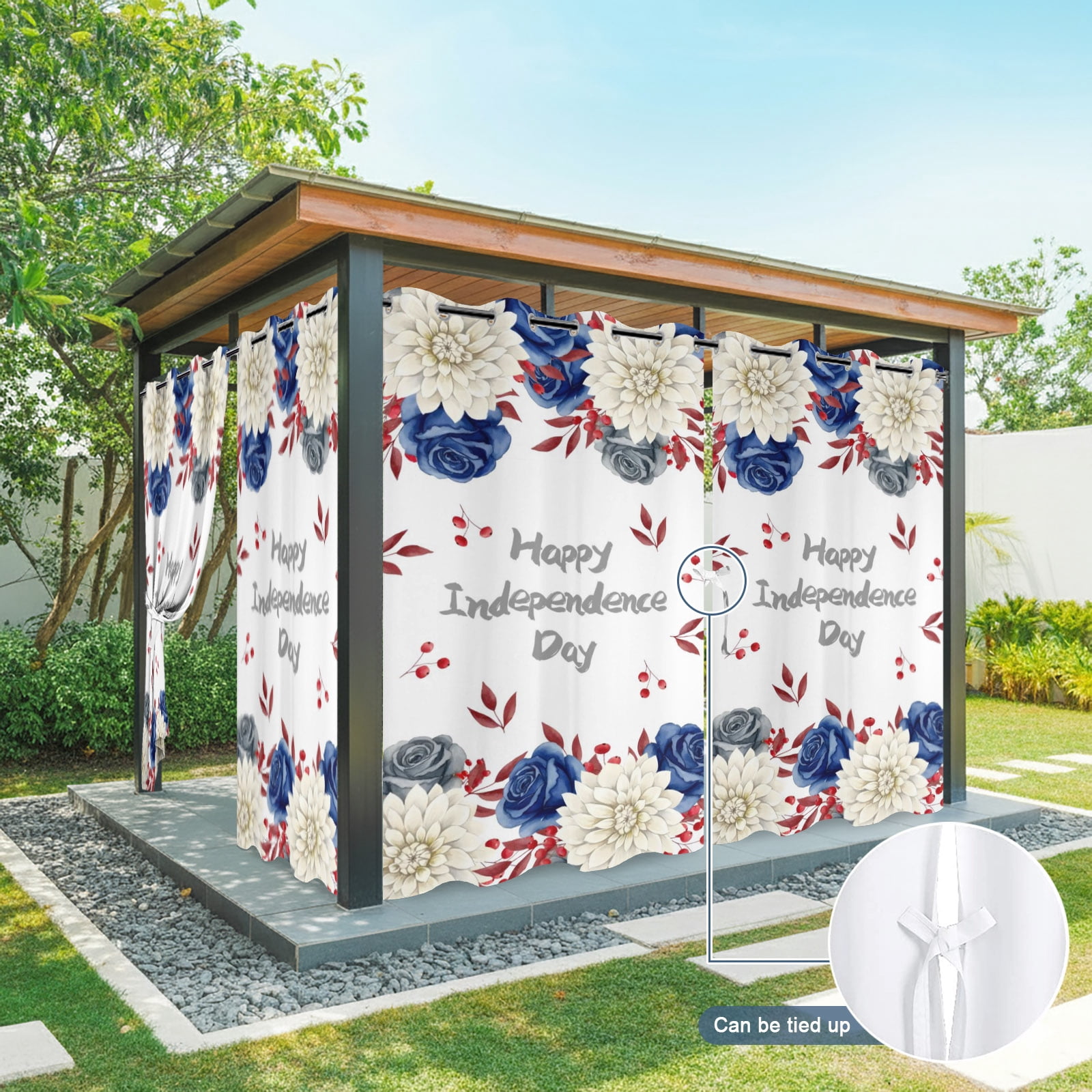 Happy Independence Day Outdoor Curtains for Patio, Red Blue Rose Dahlia Floral Sunshade Privacy Drapes Grommet Waterproof Outside Curtains for Porch/Cabana/Balcony 54"x 84", 2 Panel