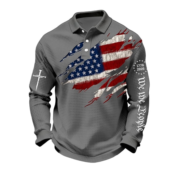 Patriots Sweatshirts Mens We the People 250th Anniversary Shirt Lapel Long Sleeve Independence Day Polo Shirts American Flag Big and Tall Patriots Shirts Gray 4XL