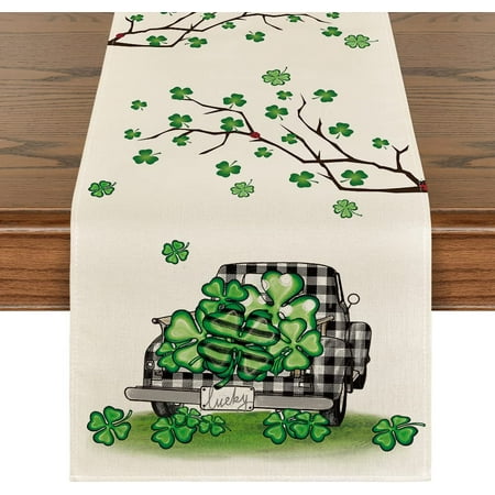 

Lucky Shamrock Truck St. Patrick s Day Table Runner Seasonal Spring Holiday Kitchen Dining Table Decoration for Indoor Outdoor Home Party Decor 13 x 72 Inch