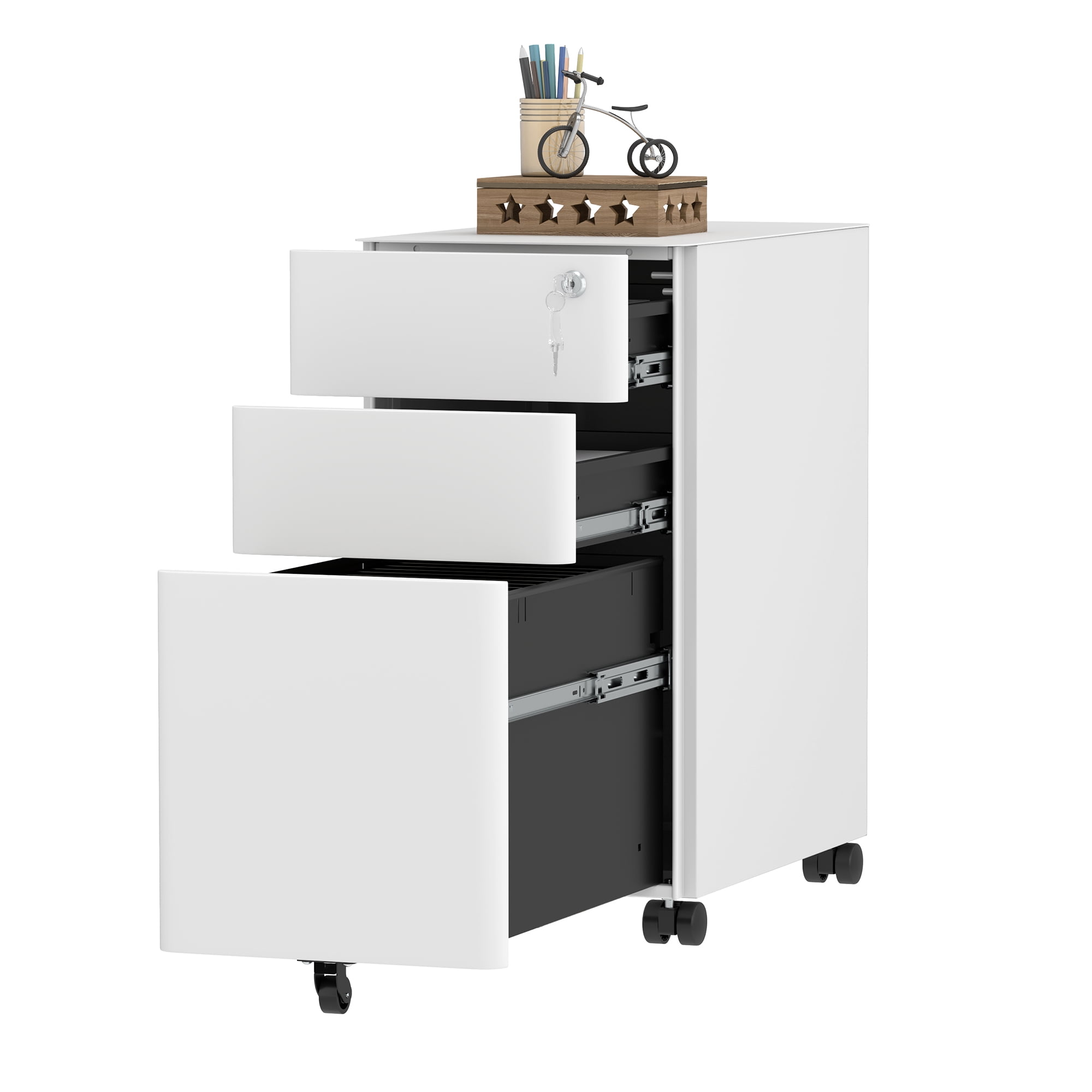 Uforic 3-Drawer Lockable File Cabinet for A4/Letter/Legal Size Folder, Home Office, Assembled Except Casters (White)
