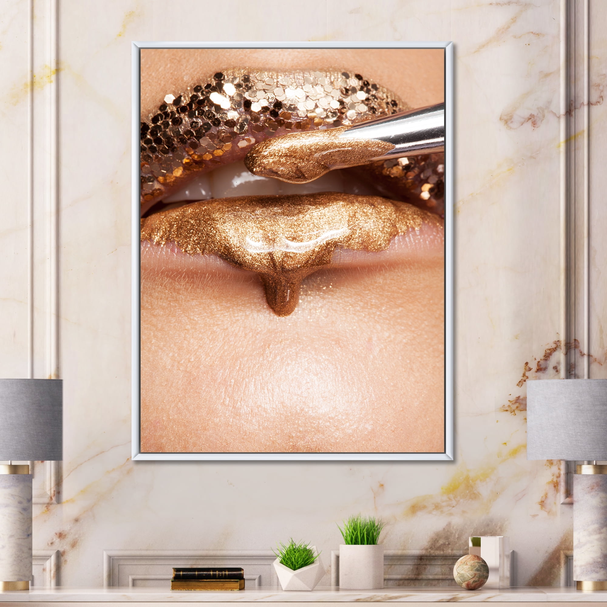Designart 'Lipstick and Makeup On The Face Of A Beautiful Model' Modern Framed Canvas Wall Art Print