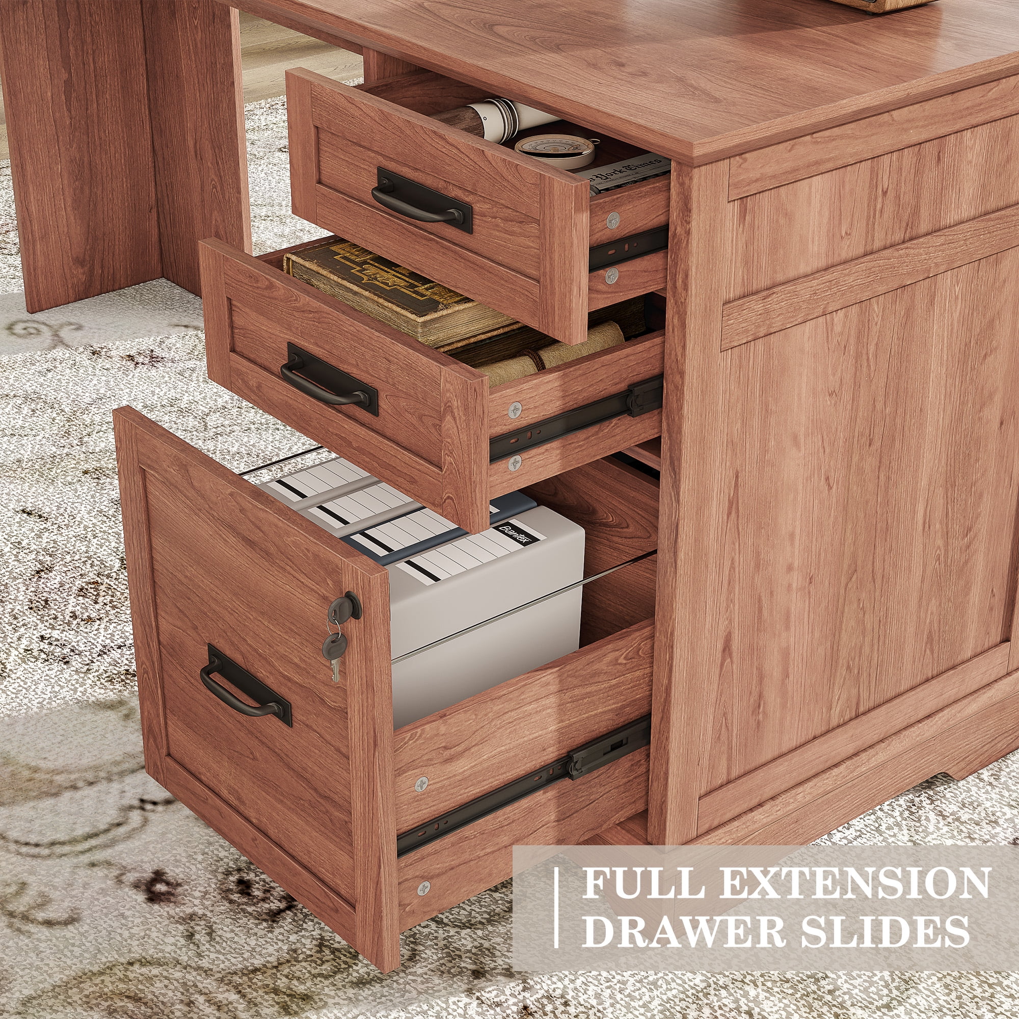 67'' Farmhouse L Shape Desk with File Drawers and Charging Station for Home Office, Cherry Brown