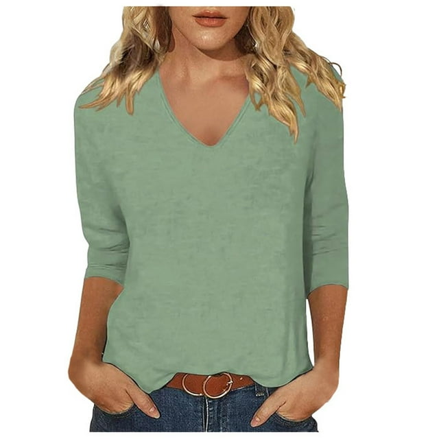 UANWENN T-Shirt à Col en V pour Femme d'Été Mode Confortable Coupe Décontractée Haut à Manches 3/4 T-Shirt d'Exercice pour Femme Ample T-Shirts de Course pour Femmes T-Shirt Chemises pour Femmes T-Shirt d'Entraînement Hauts pour Femme Été Femmes