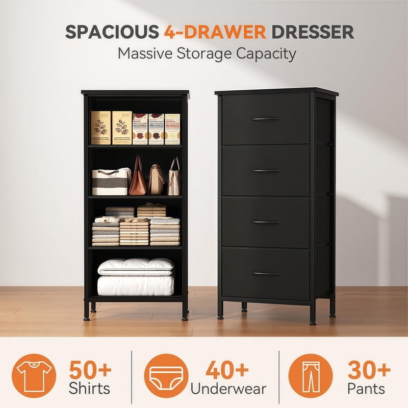 Kelno 4 Drawers Fabric Dresser Tall Chest of Drawers with Steel Frame Wood Top, Black