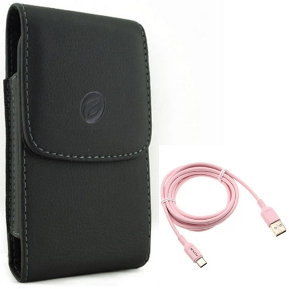 6ft USB-C Cable w Case Belt Clip for Samsung Galaxy A73 5G,A13 5G,A03s Phones - Pink Charger Cord Power Wire, Leather Holster Cover Pouch