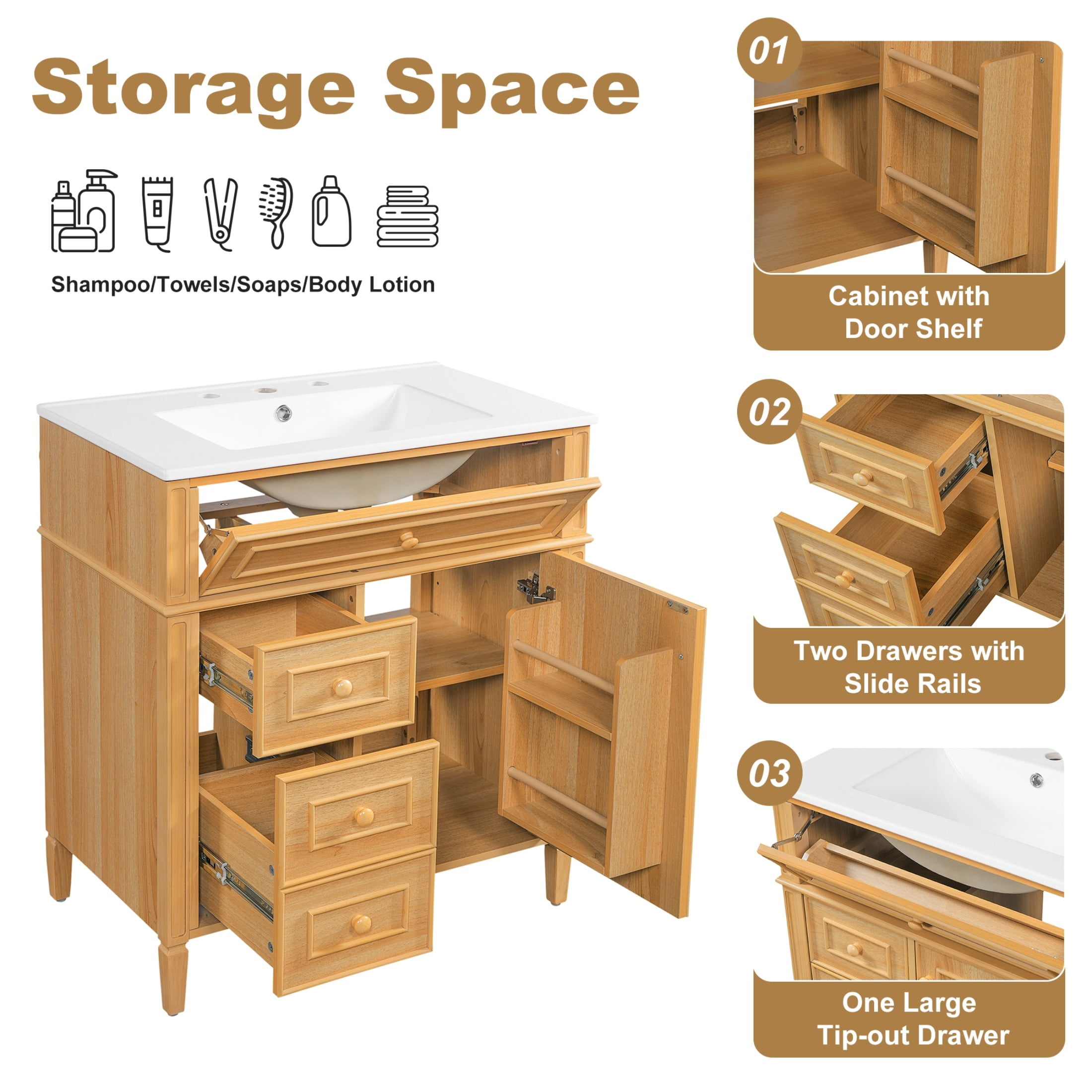 30" Bathroom Vanity with Sink, Solid Wood Vanity Cabinet with Flip-Out Drawer, 2 Drawers and 1 Soft-Close Door, Natural Wood